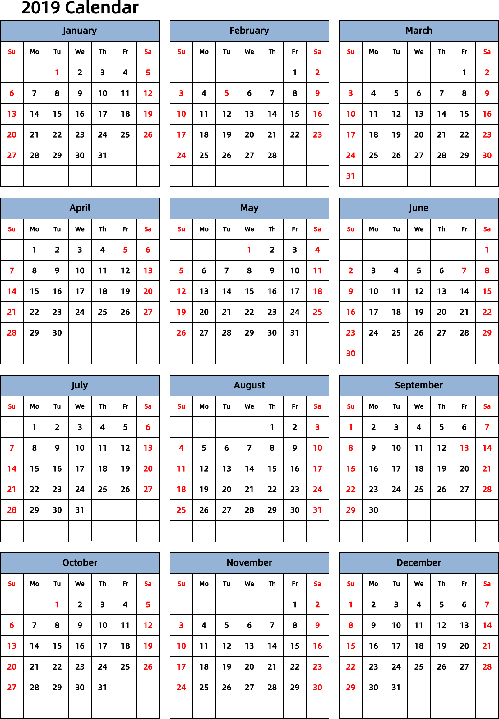 日历表2019年日历 英文版 纵向排版 周日开始 带节假日调休安排